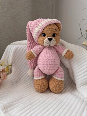 Handmade Crochet Teddy Bear, Sleepy Pajama Plush Toy, Amigurumi Brown Bear